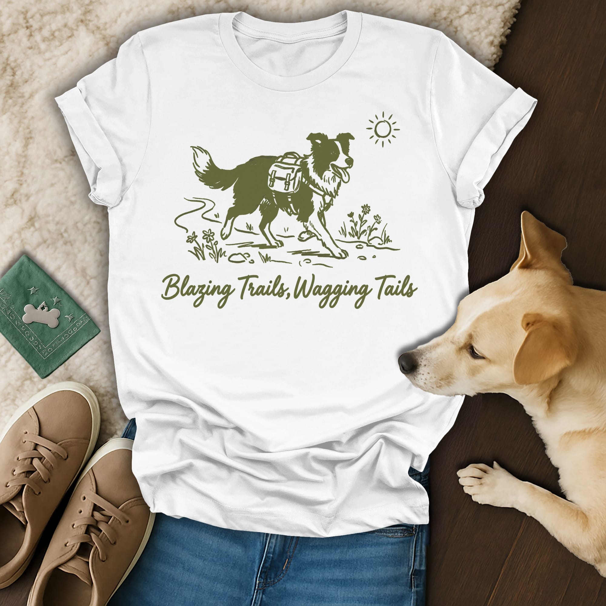 White t-shirt with a dog wearing a backpack and the text "Blazing Trails, Wagging Tails".
