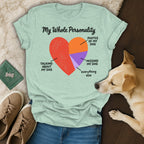 Light green t-shirt with "My Whole Personality" and a pie chart graphic about dogs.