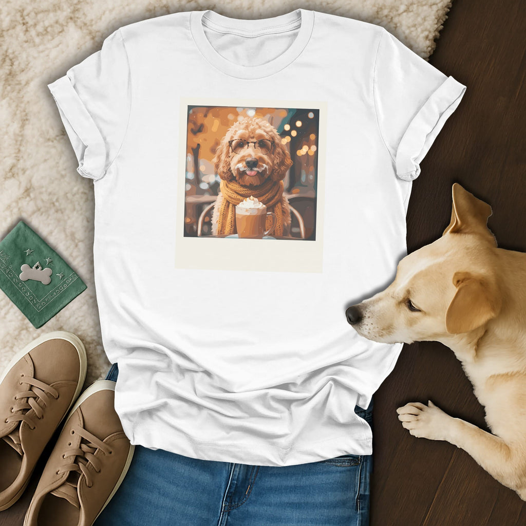 White t-shirt with a graphic of a dog wearing glasses and a scarf holding a coffee.