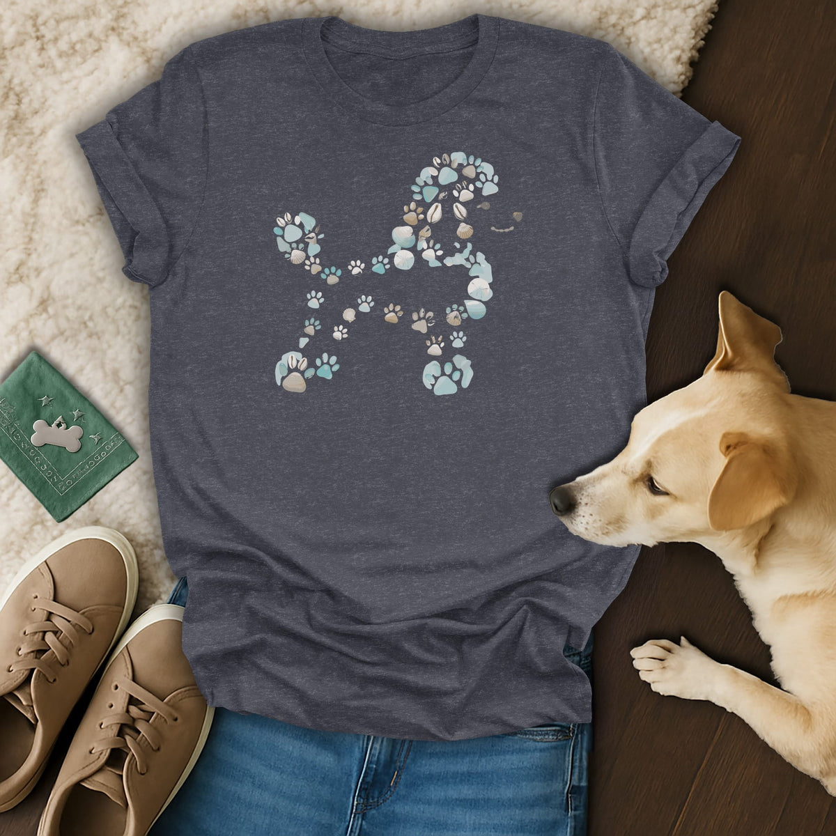 T-shirt with poodle made of paw prints and shells, next to a dog.
