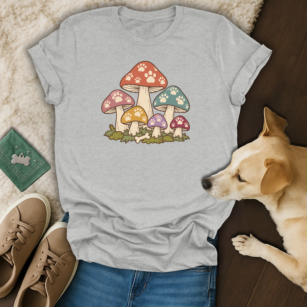 A grey t-shirt featuring a retro colorful mushroom graphic with paw print caps rests on a surface alongside a dog, sneakers, and accessories.