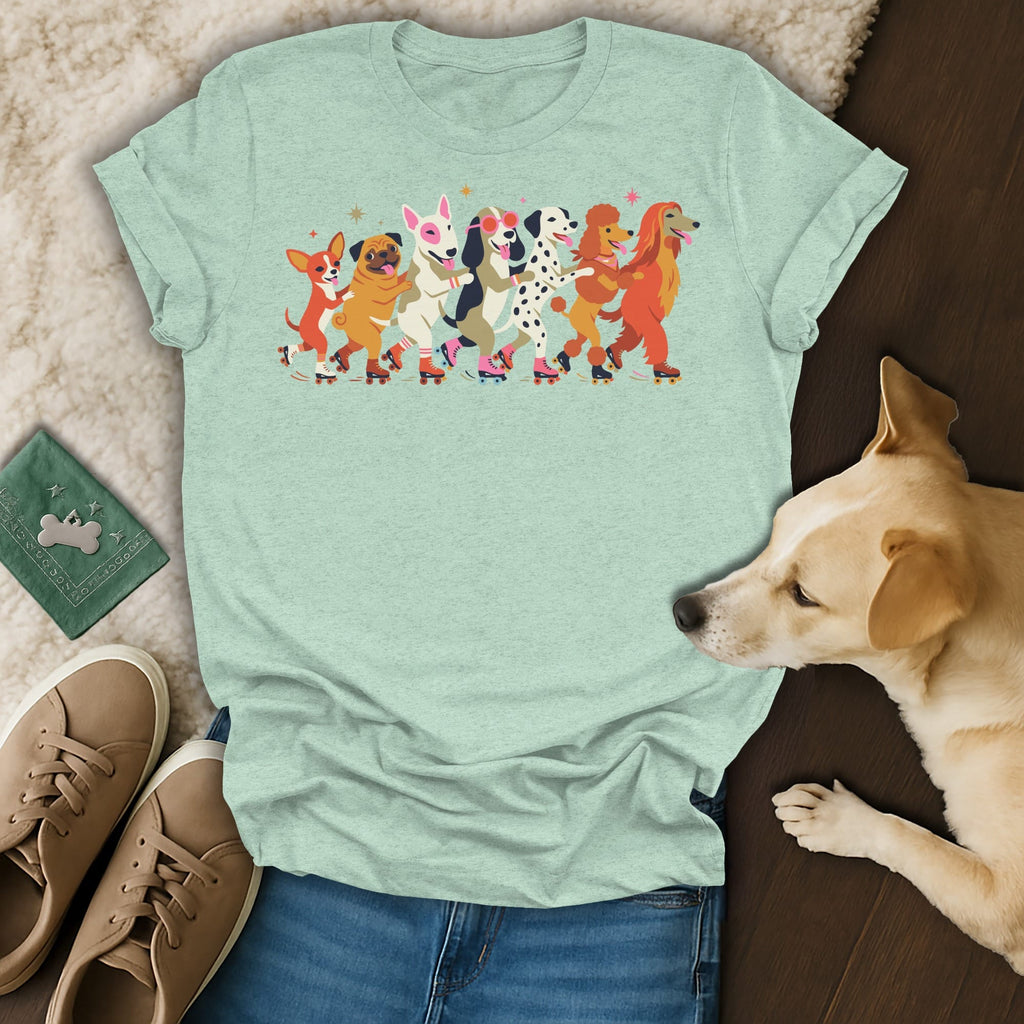 T-shirt with an illustration of dogs in a line on roller skates.