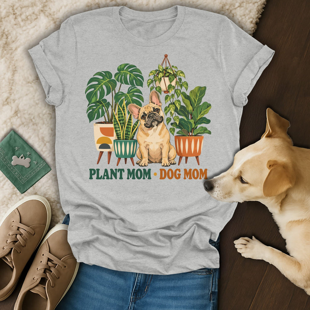 Heather gray t-shirt with a graphic of potted houseplants, a French bulldog, and the text Plant Mom Dog Mom.