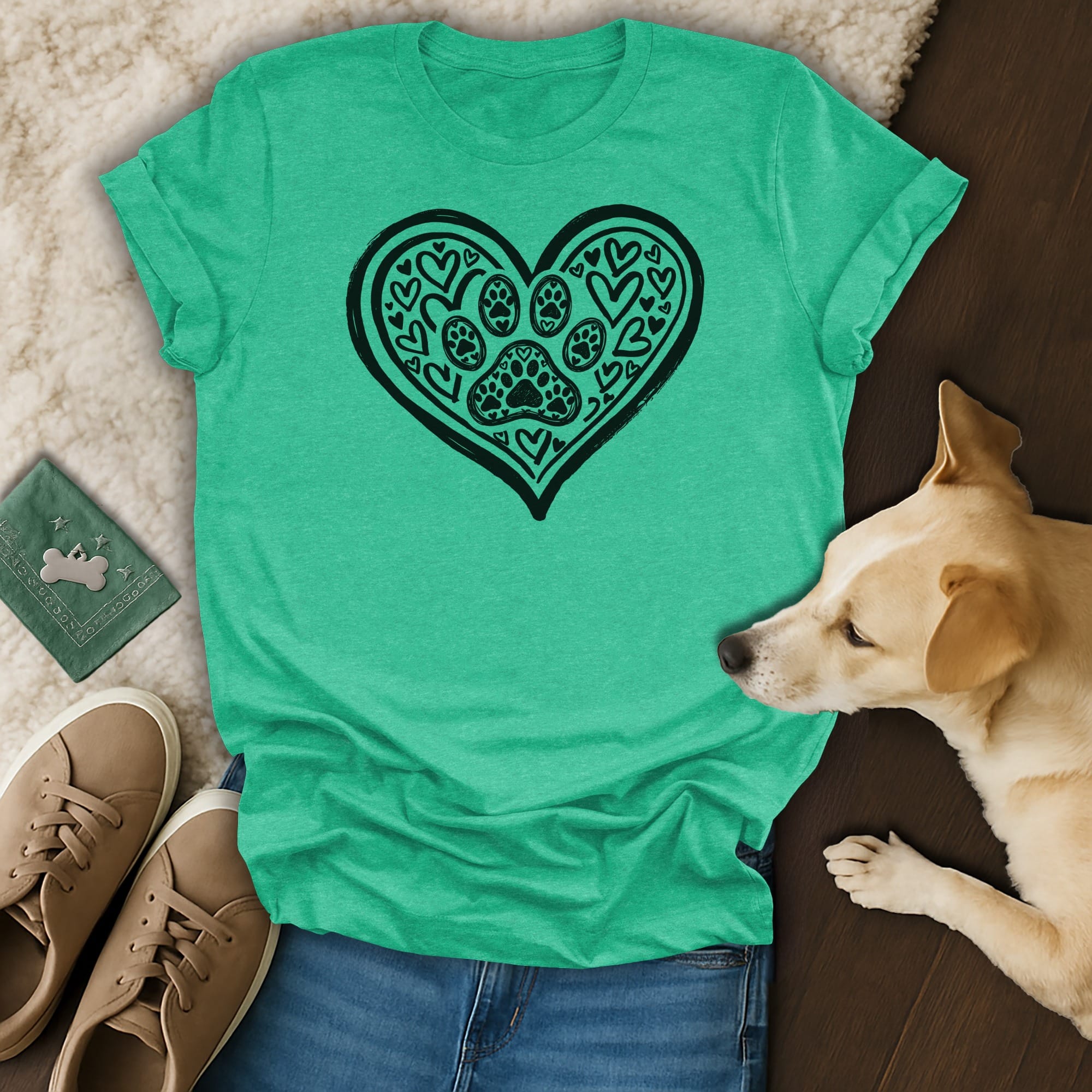 Green t-shirt with a black heart filled with paw prints and smaller hearts.