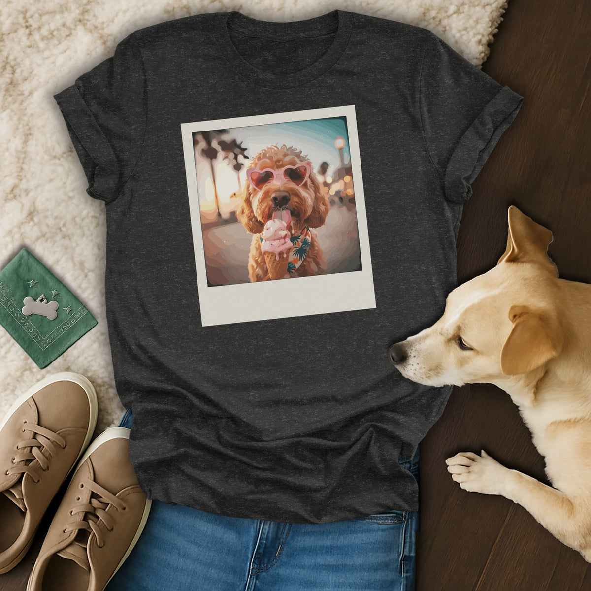 Dark grey t-shirt featuring a dog wearing heart sunglasses eating ice cream.