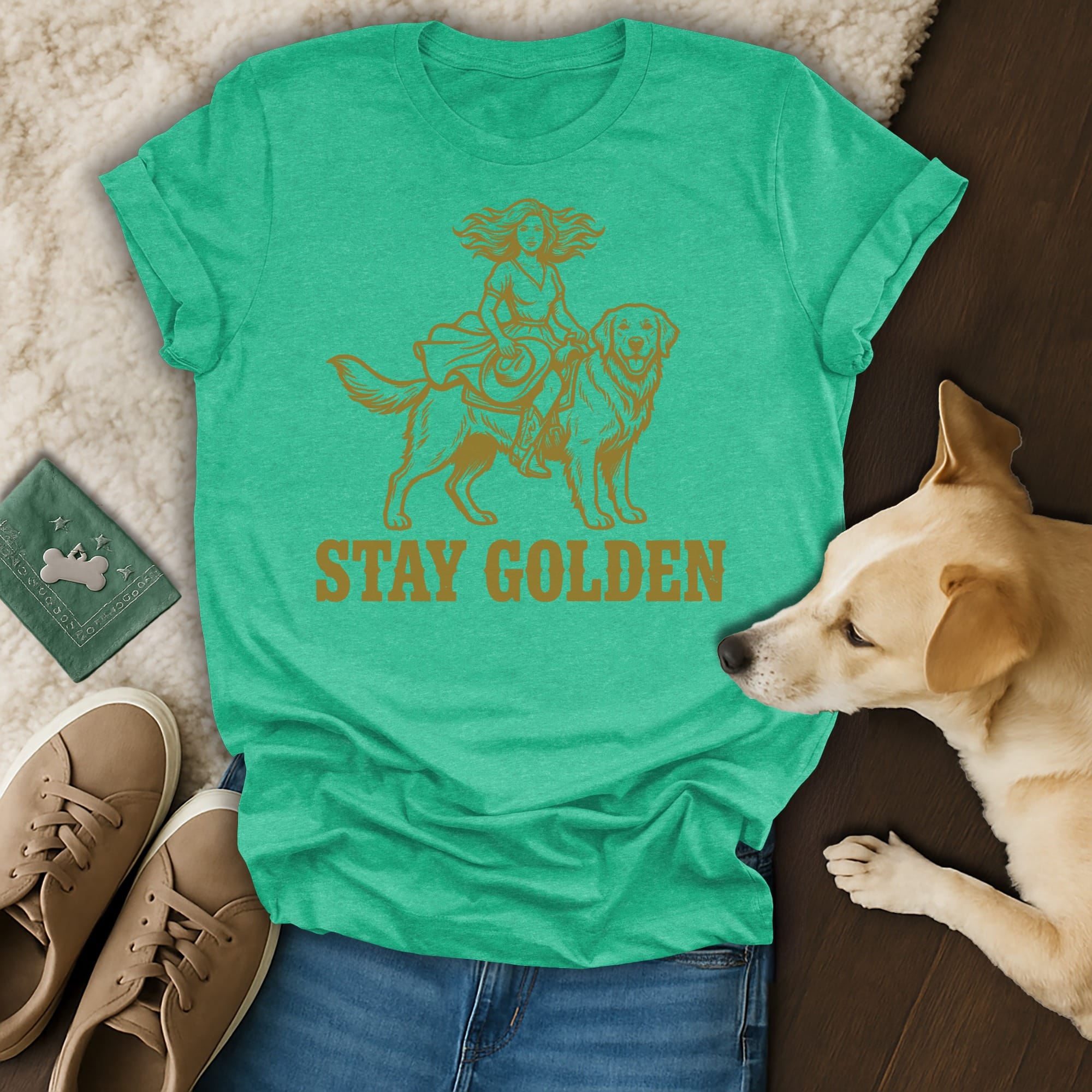 Teal t-shirt with golden retriever and rider, "STAY GOLDEN" text.