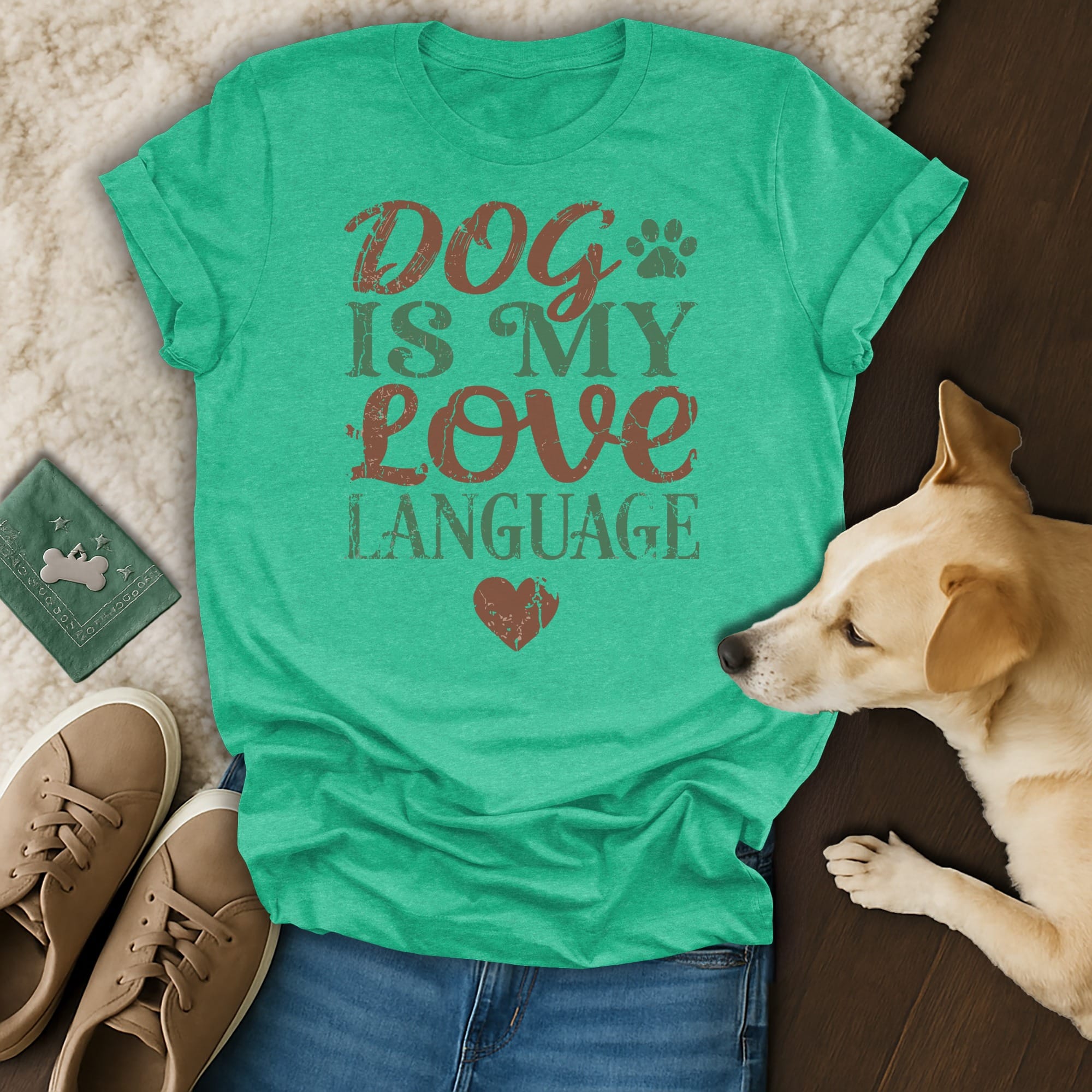 Green t-shirt with "Dog is my love language" text and heart graphic.