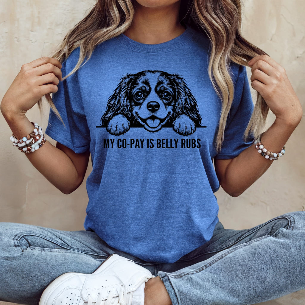Blue t-shirt with a dog graphic and "MY CO-PAY IS BELLY RUBS" text.