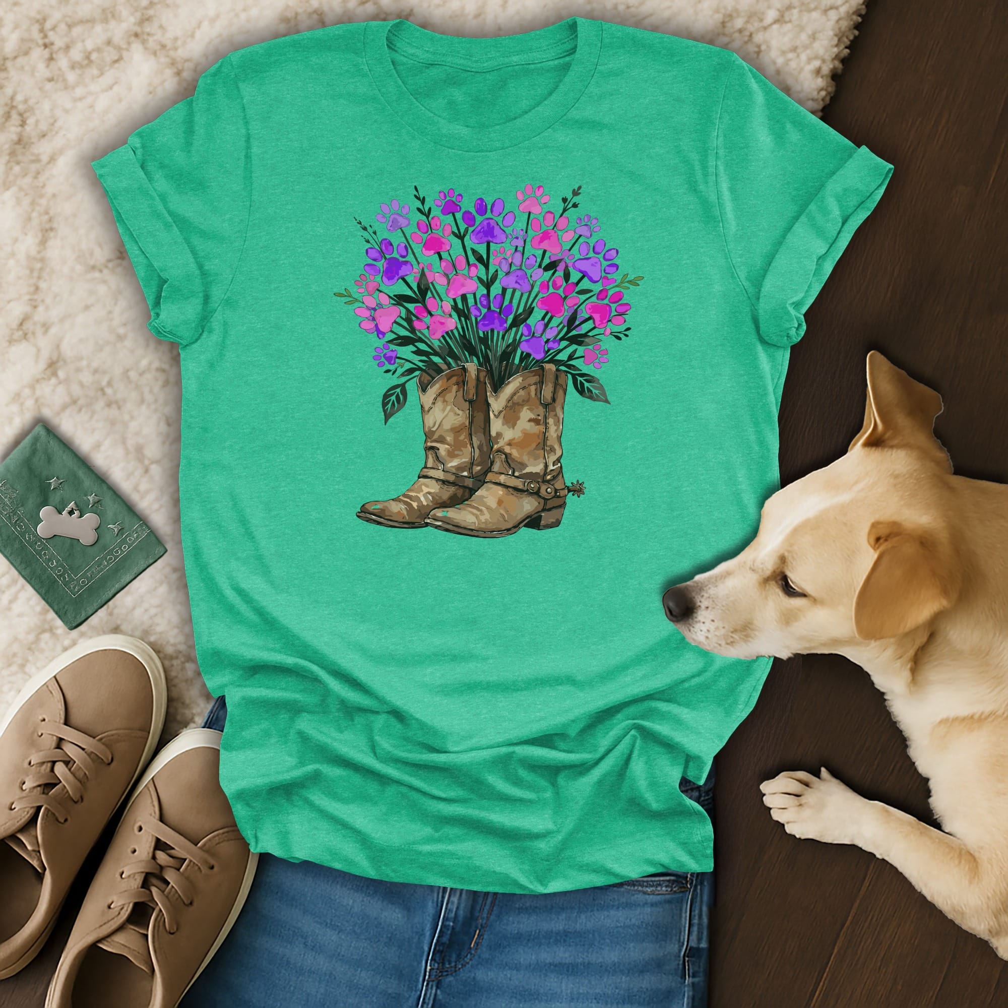 Cowboy boots with a bouquet of colorful paw prints.
