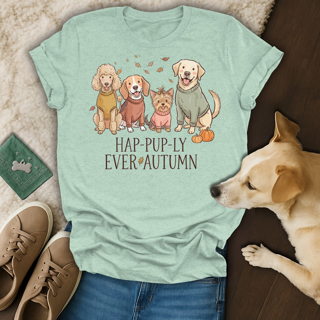 Light blue t-shirt with cartoon dogs and text "HAP-PUP-LY EVER AUTUMN"