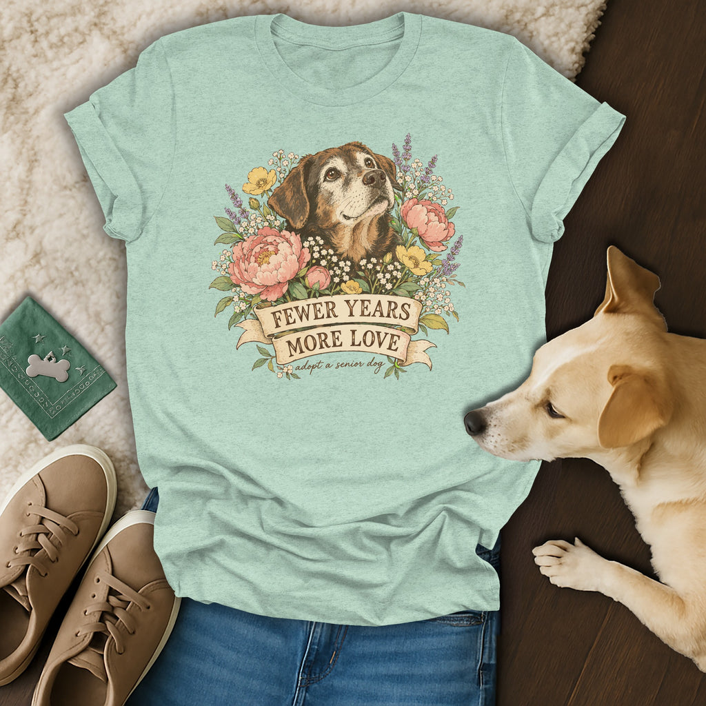 A sage green t-shirt features a graphic of a senior dog surrounded by flowers and text reading FEWER YEARS MORE LOVE.