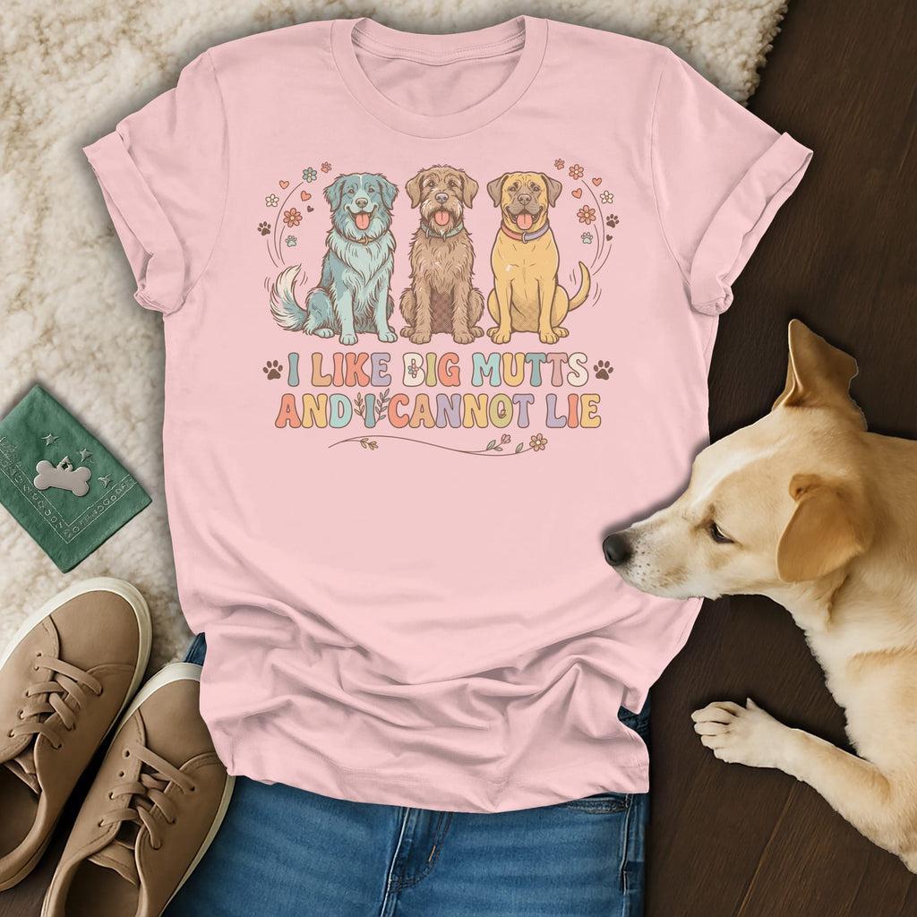 Pink t-shirt with cartoon dogs and text "I LIKE BIG MUTTS AND I CANNOT LIE".