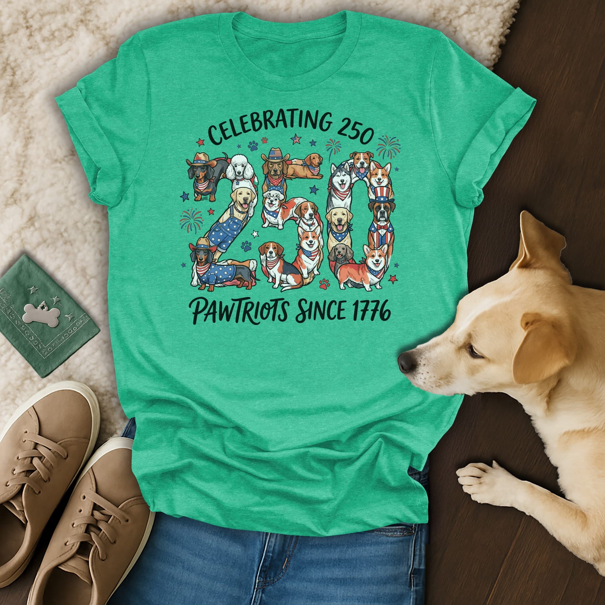 Dog graphic on a green t-shirt reading "Celebrating 250 Pawtriots Since 1776".