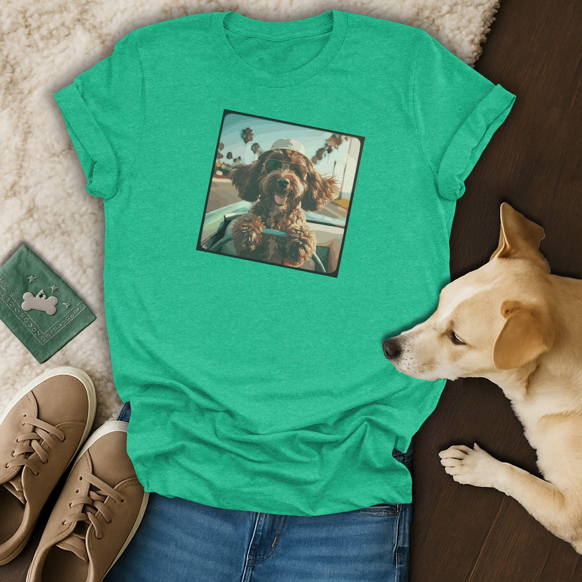 Green t-shirt with a graphic of a dog wearing sunglasses and a hat in a car.
