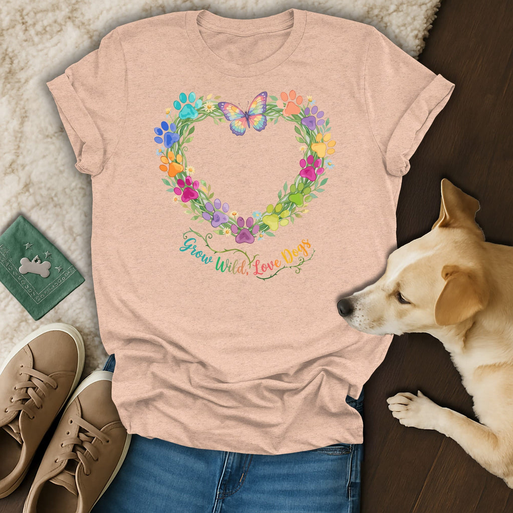 Peach t-shirt with a heart of colorful paw prints and a butterfly, reads "Grow Wild, Love Dogs."