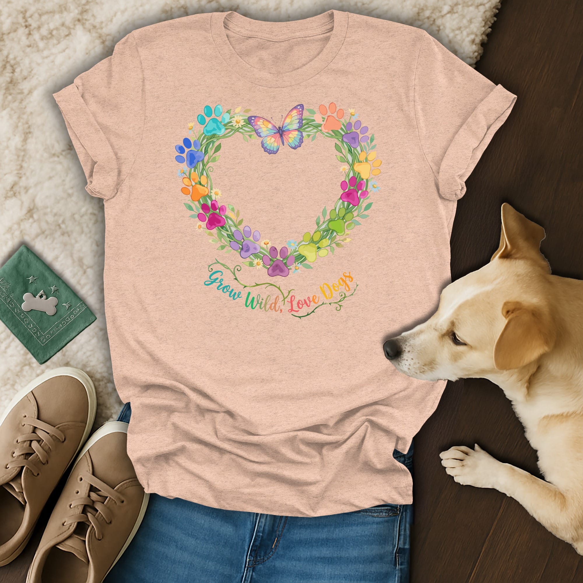 Peach t-shirt with a heart of colorful paw prints and a butterfly, reads "Grow Wild, Love Dogs."