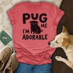Red t-shirt with "PUG I'M ME ADORABLE" text and a pug illustration.