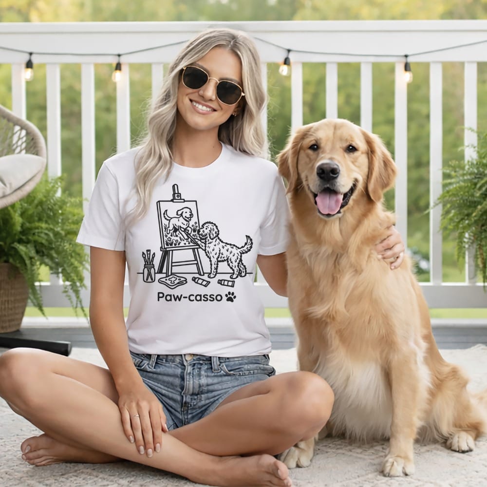 Woman wearing a t-shirt with a dog painting a dog.
