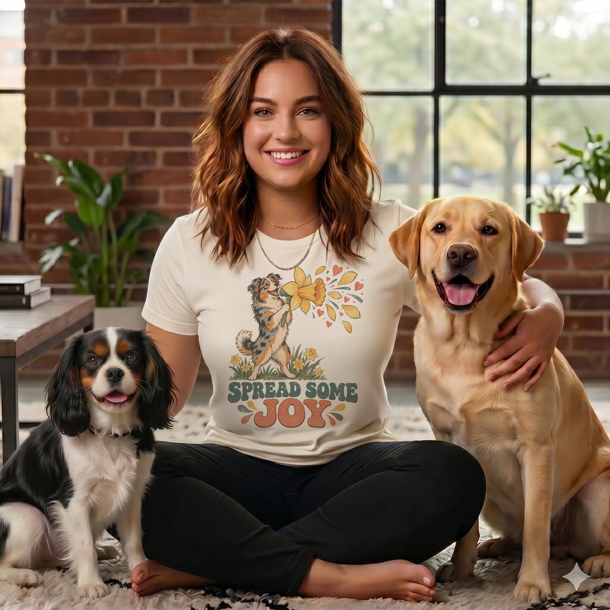 A smiling woman wearing a graphic t-shirt sits cross-legged between a Cavalier King Charles Spaniel and a Labrador Retriever.