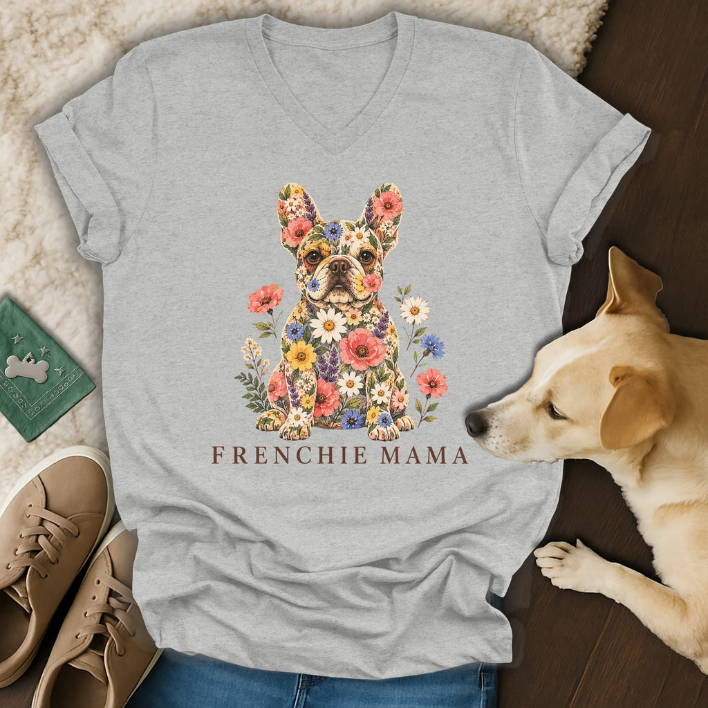 Heather gray V-neck t-shirt featuring a floral French Bulldog illustration and the text Frenchie Mama.