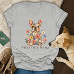 Heather gray V-neck t-shirt featuring a floral French Bulldog illustration and the text Frenchie Mama.