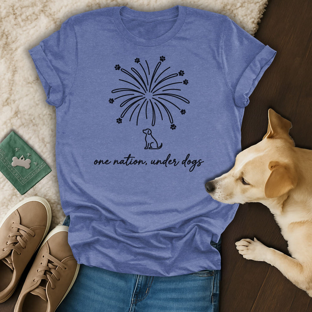 Blue t-shirt with fireworks and "one nation, under dogs" text.