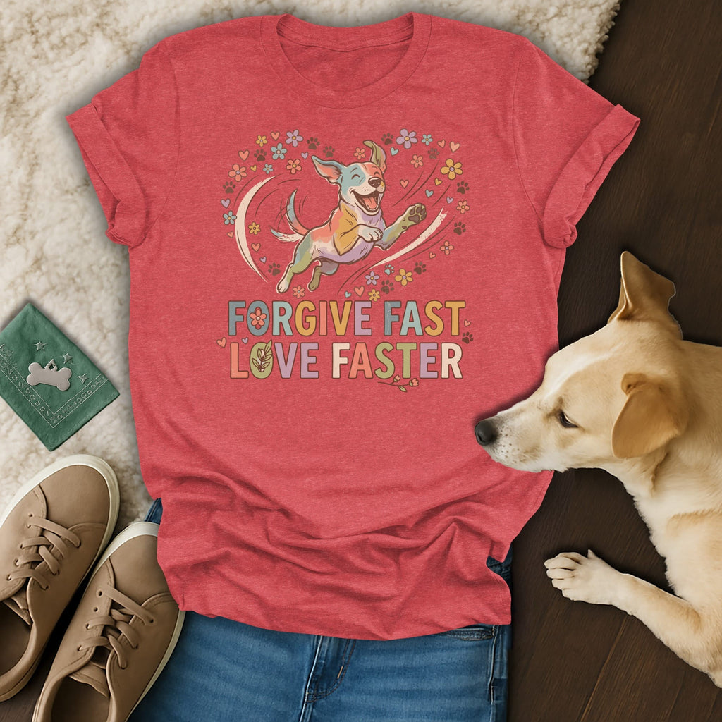 Red t-shirt with colorful dog graphic and text "FORGIVE FAST LOVE FASTER".
