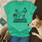 Green t-shirt with a Great Dane and small person, text: Technically I have a dog. Practically I have a horse.