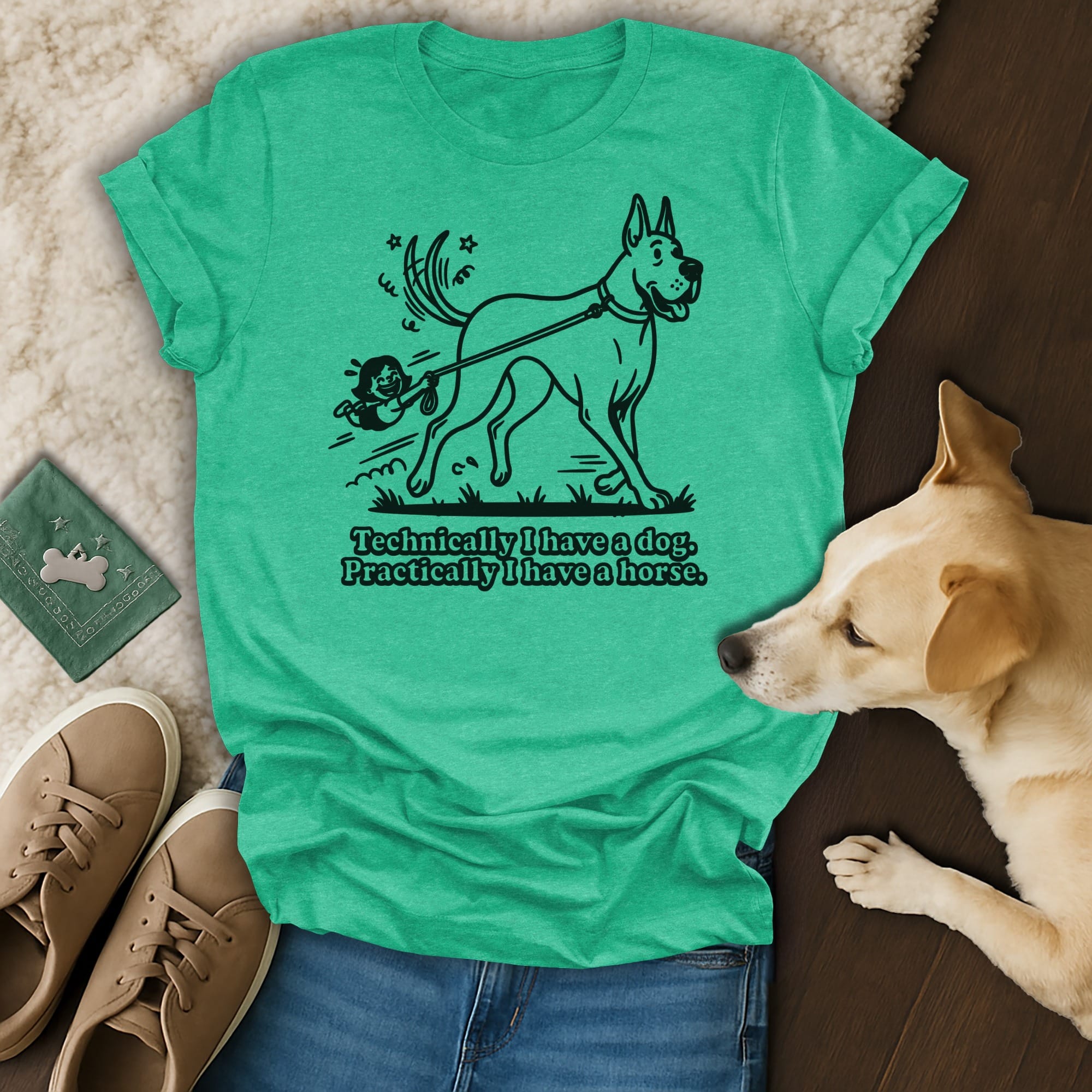 Green t-shirt with a Great Dane and small person, text: Technically I have a dog. Practically I have a horse.