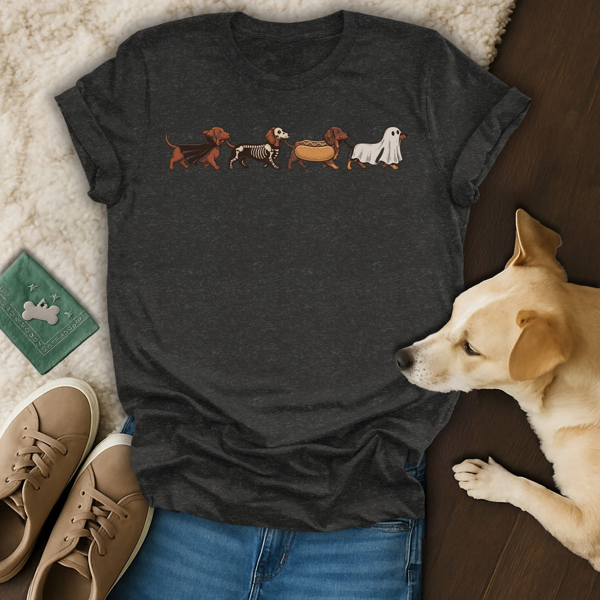 Dark t-shirt featuring four dachshunds in Halloween costumes: vampire, skeleton, hot dog, and ghost.
