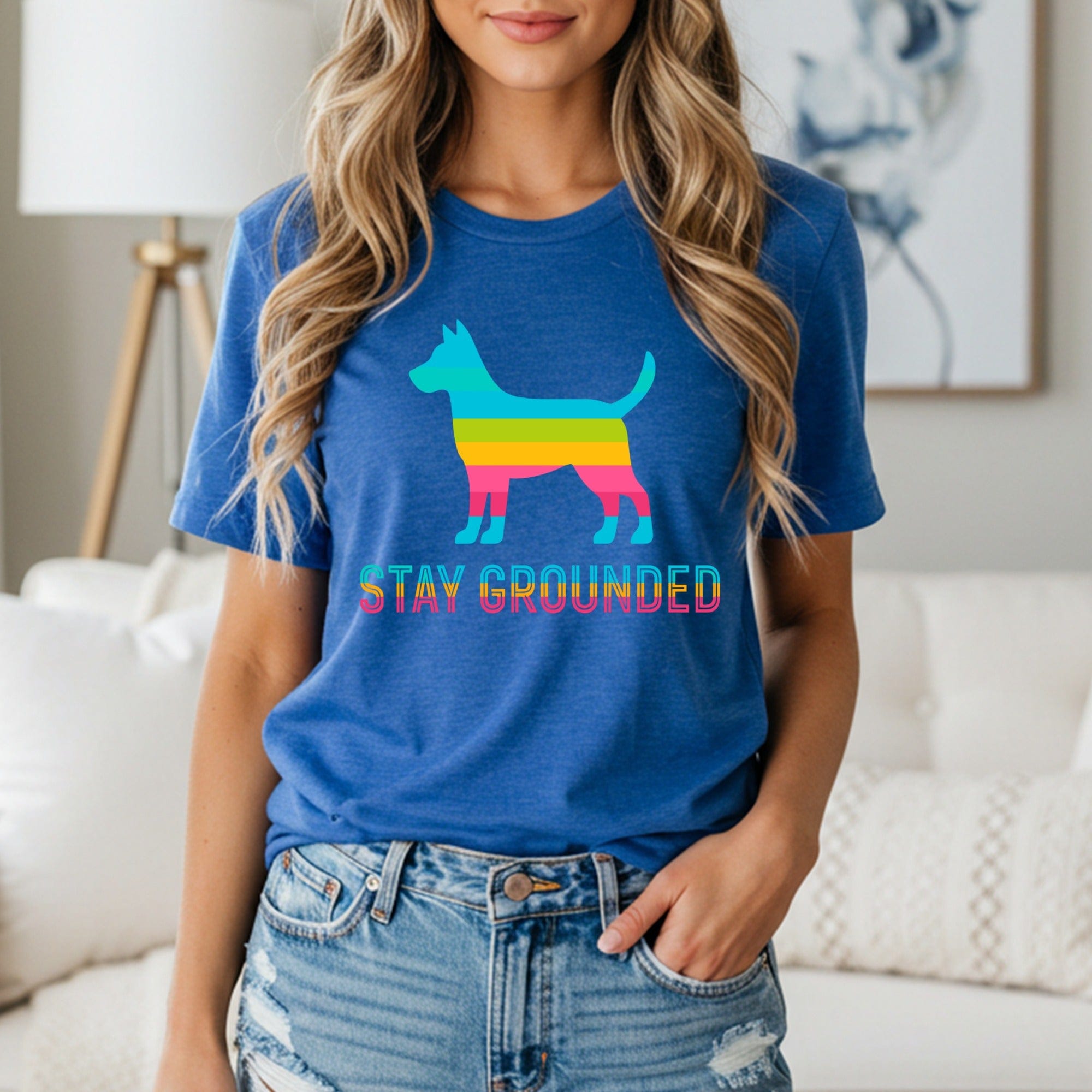 Stay Grounded Rainbow Dog Graphic Blue Shirt