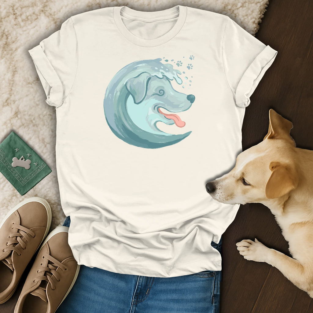 Cream t-shirt with a watercolor-style dog head inside a crashing wave graphic.