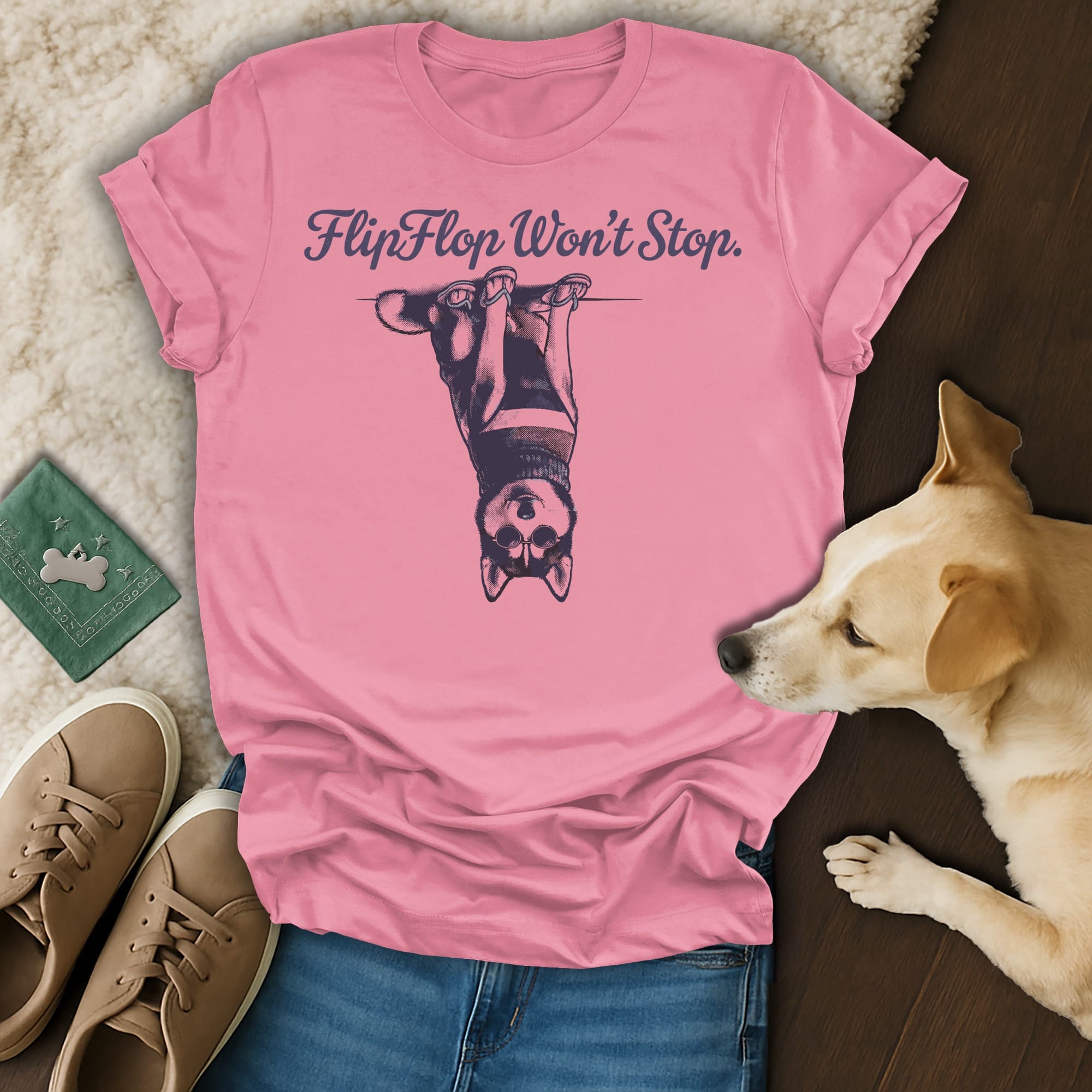 Pink t-shirt with a husky dog graphic that reads "FlipFlop Won't Stop."