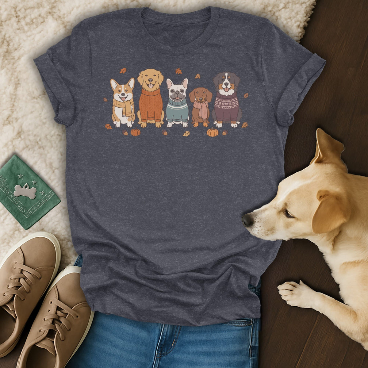T-shirt with cartoon dogs wearing sweaters, scarves, and pumpkins.