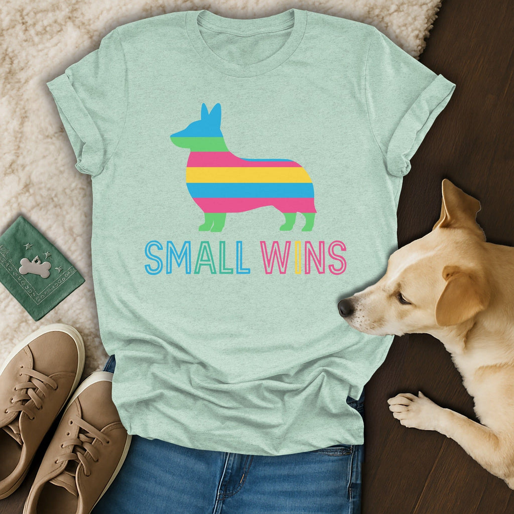 Small Wins Colorful Corgi Dog Themed T-Shirt