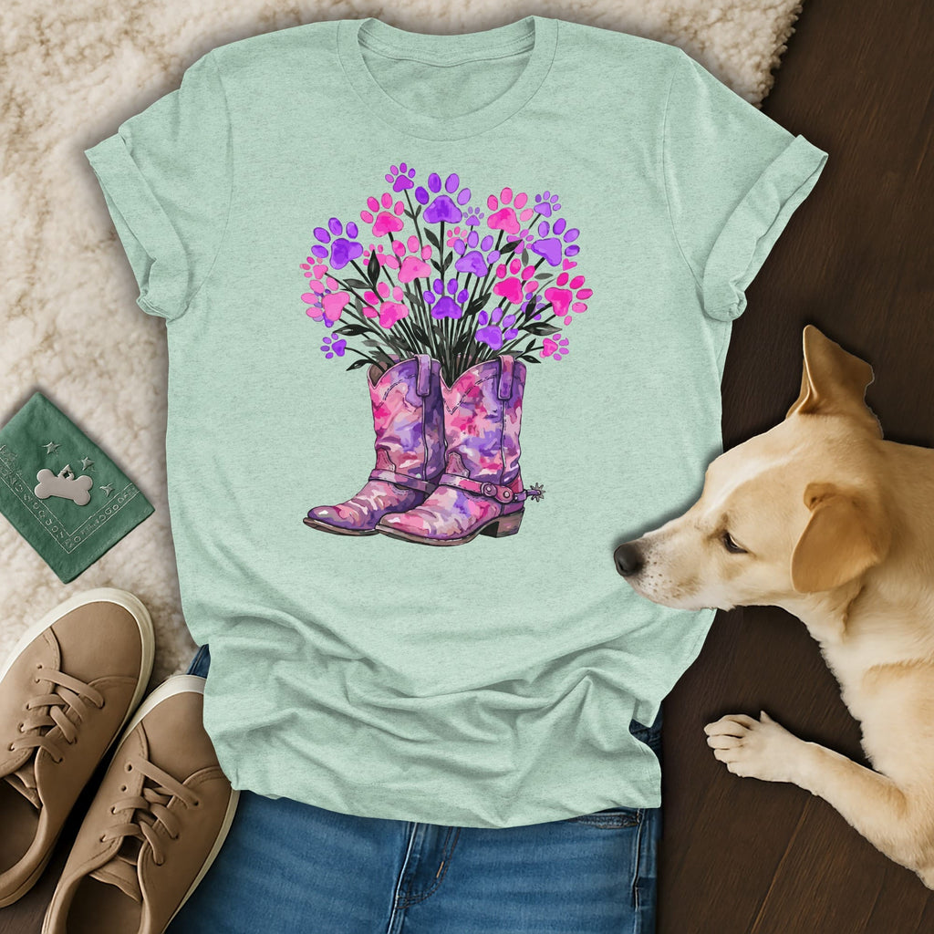 Cowboy boots filled with pink and purple paw prints and flowers.
