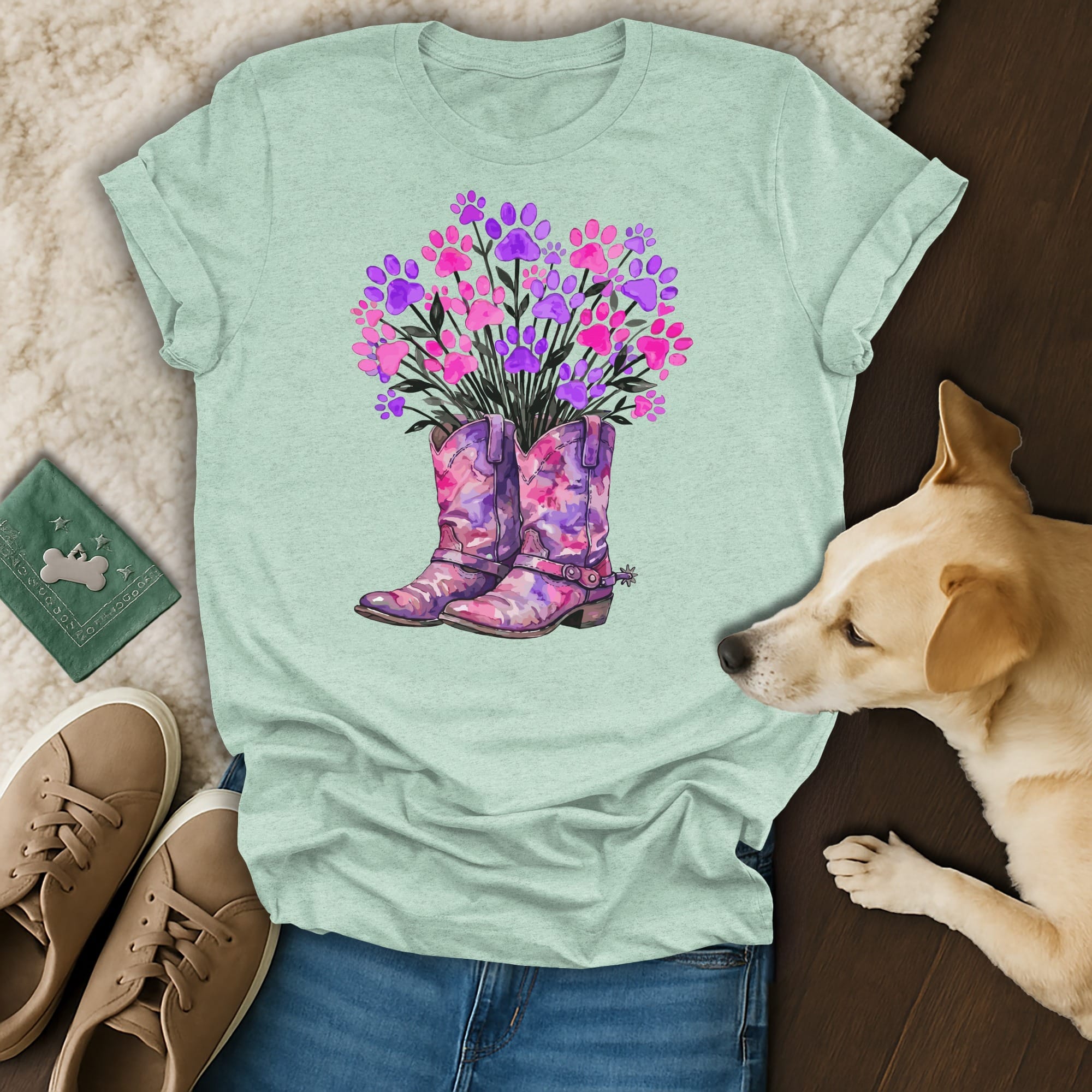 Cowboy boots filled with pink and purple paw prints and flowers.