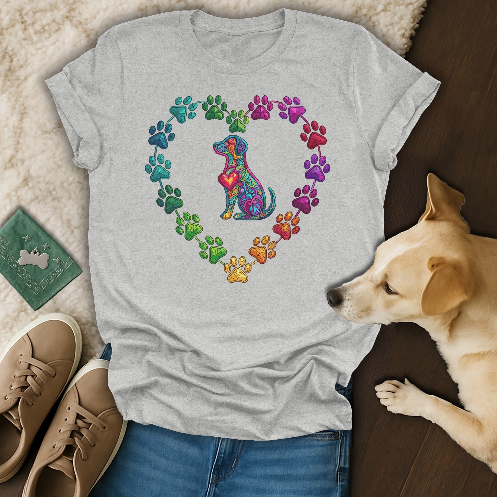 Colorful Mosaic Dog Paw Print Heart Design product type
Dog lover, Paw print heart, Colorful dog, Mosaic design, Pet owner gift, Animal graphic, Rainbow colors, Vibrant print, Cute puppy, Canine art, Stained glass dog, Heart shape, Dog breed, Unique art, Pet apparel, Artistic design, Graphic tee, Animal lover, Dog mom, Dog dad