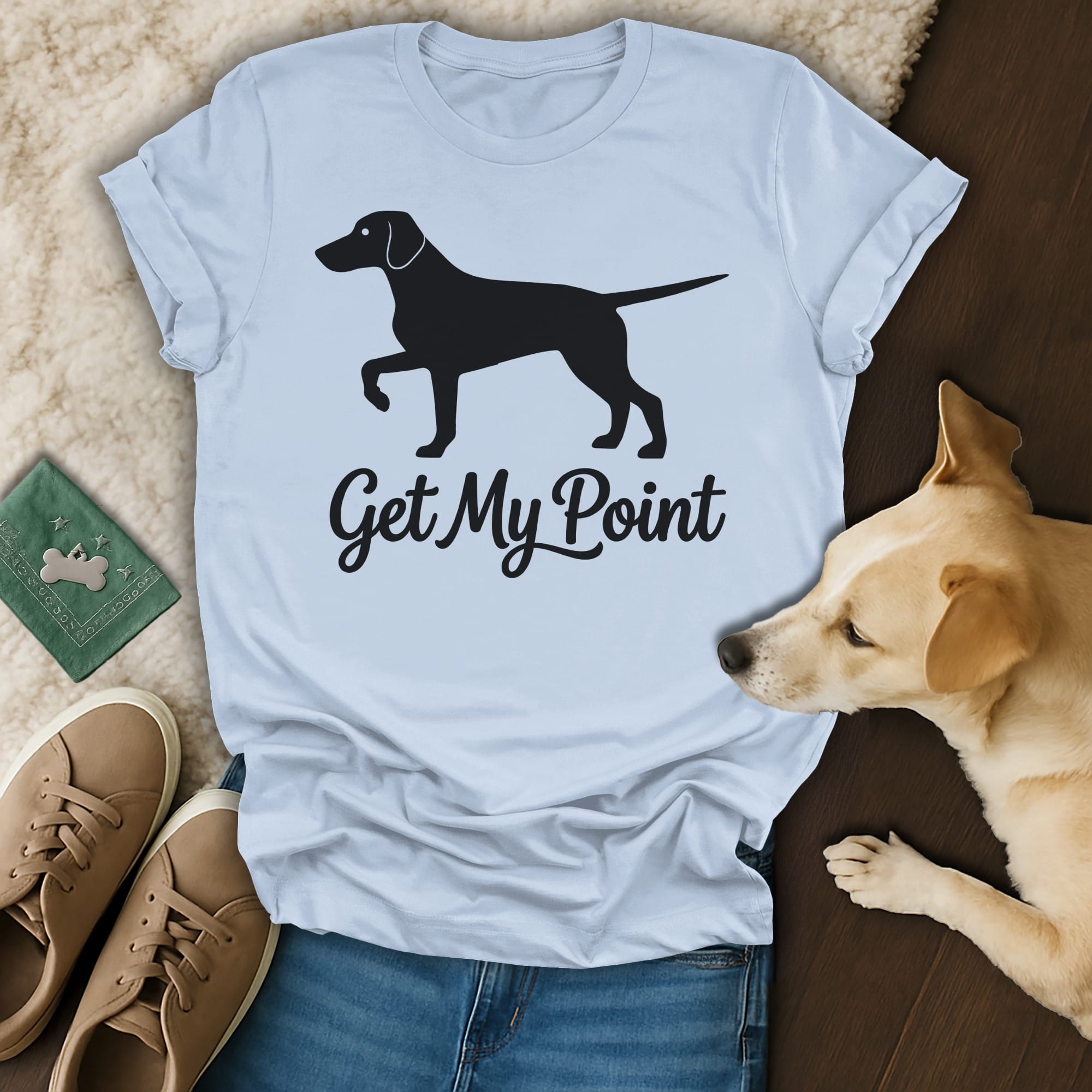 Light blue t-shirt with black dog silhouette and "Get My Point" text.