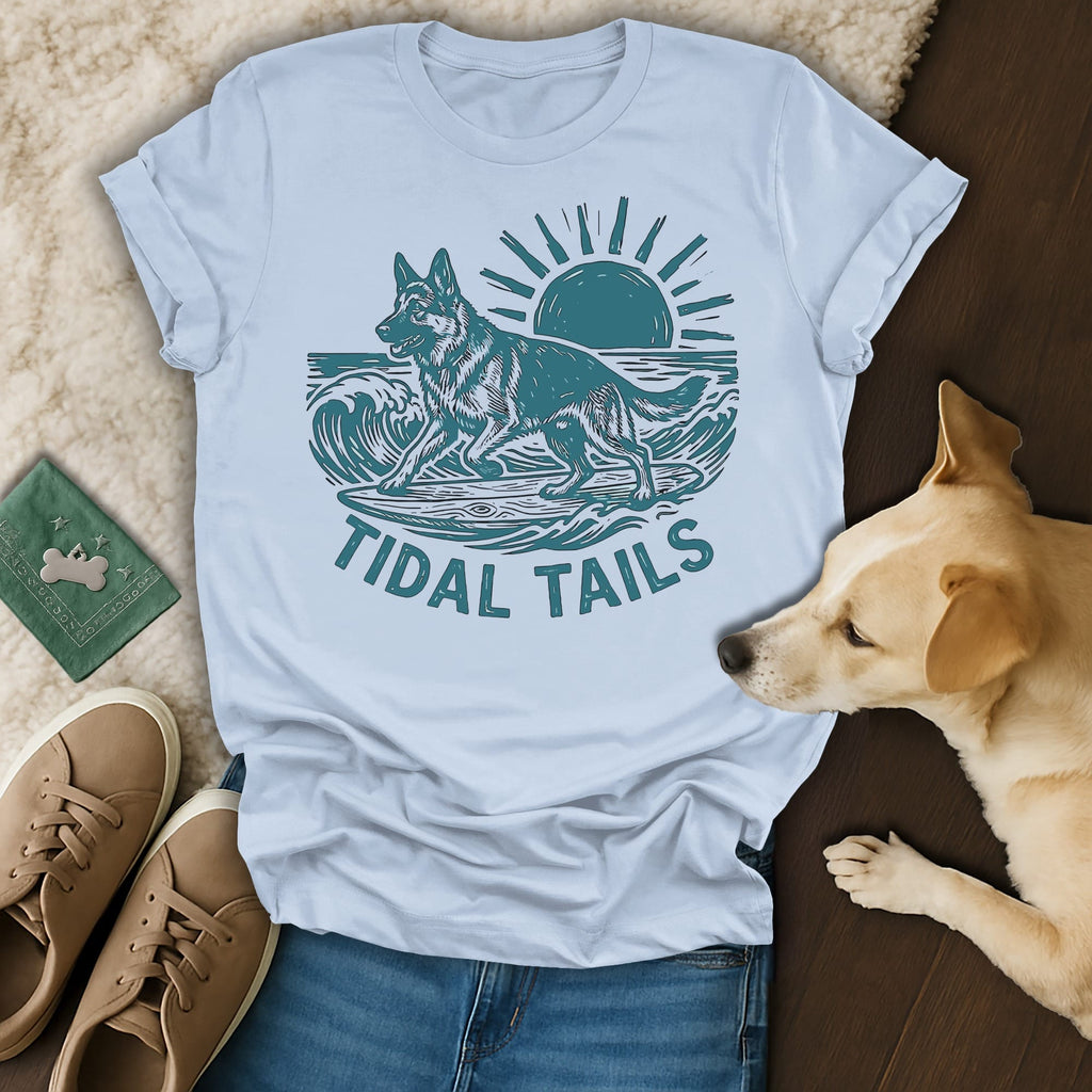 German Shepherd dog surfing on a wave with "TIDAL TAILS" text.
