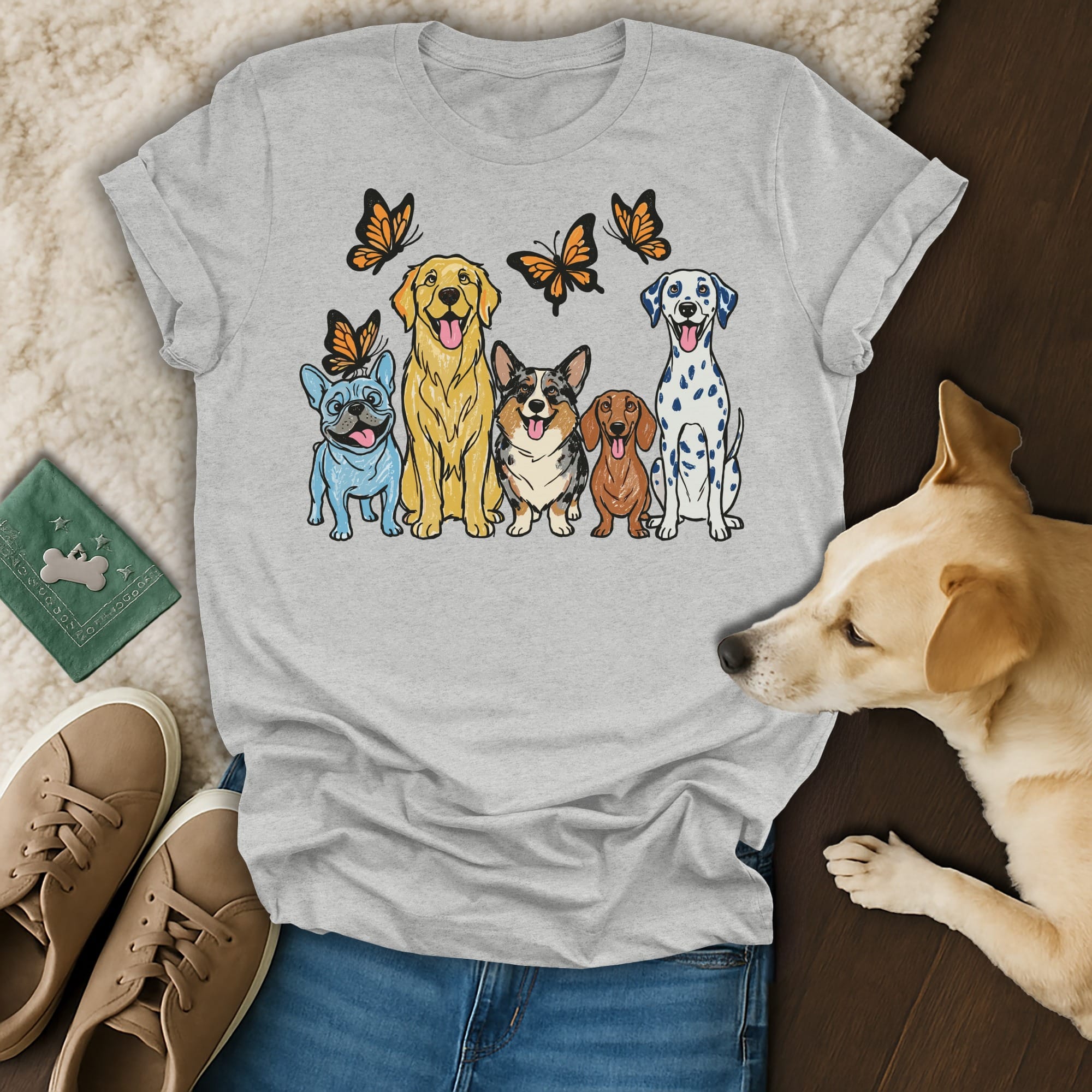 Five dogs with butterflies above them, on a grey t-shirt.