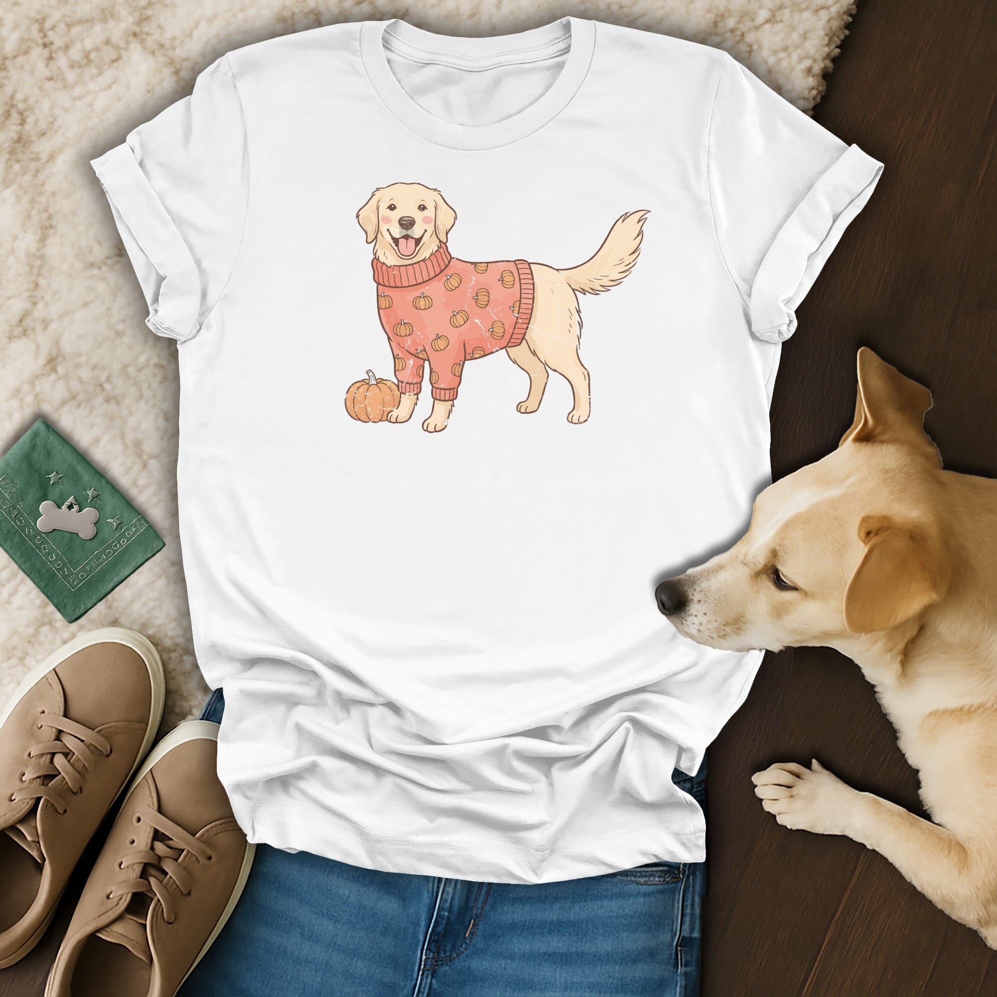White t-shirt with a cartoon golden retriever wearing a pumpkin sweater.
