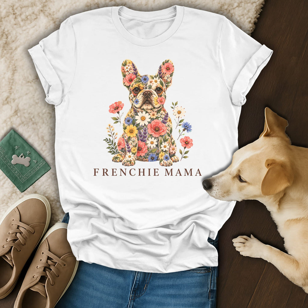 Flat lay of a white t-shirt featuring a floral French bulldog graphic and the text Frenchie Mama.