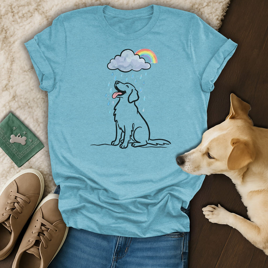 Light blue t-shirt with a line drawing of a happy dog under a rainbow cloud and rain.