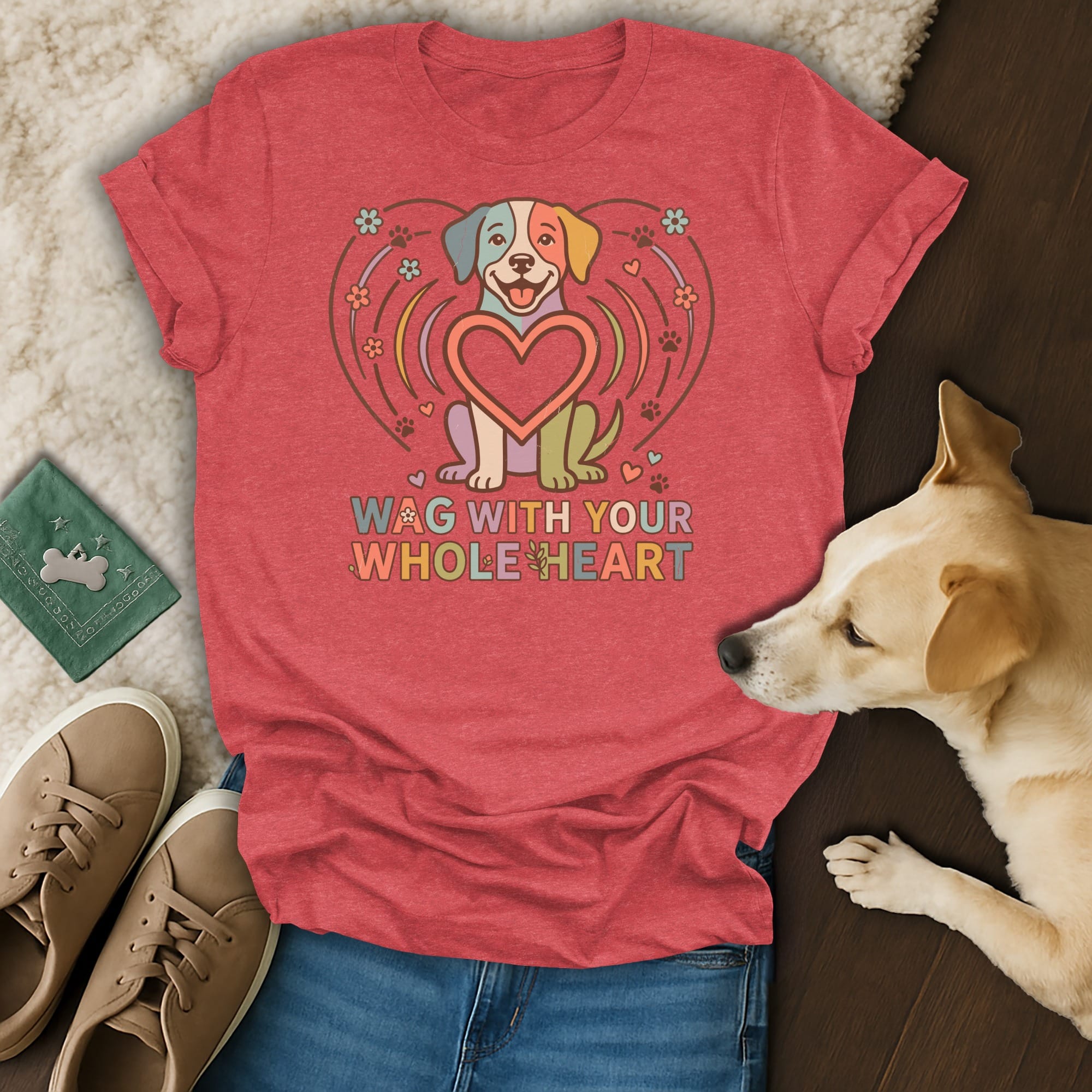 Red t-shirt with a dog and heart graphic saying "WAG WITH YOUR WHOLE HEART".