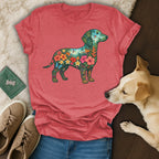 T-shirt featuring a colorful floral dachshund design on a pink heather shirt.
