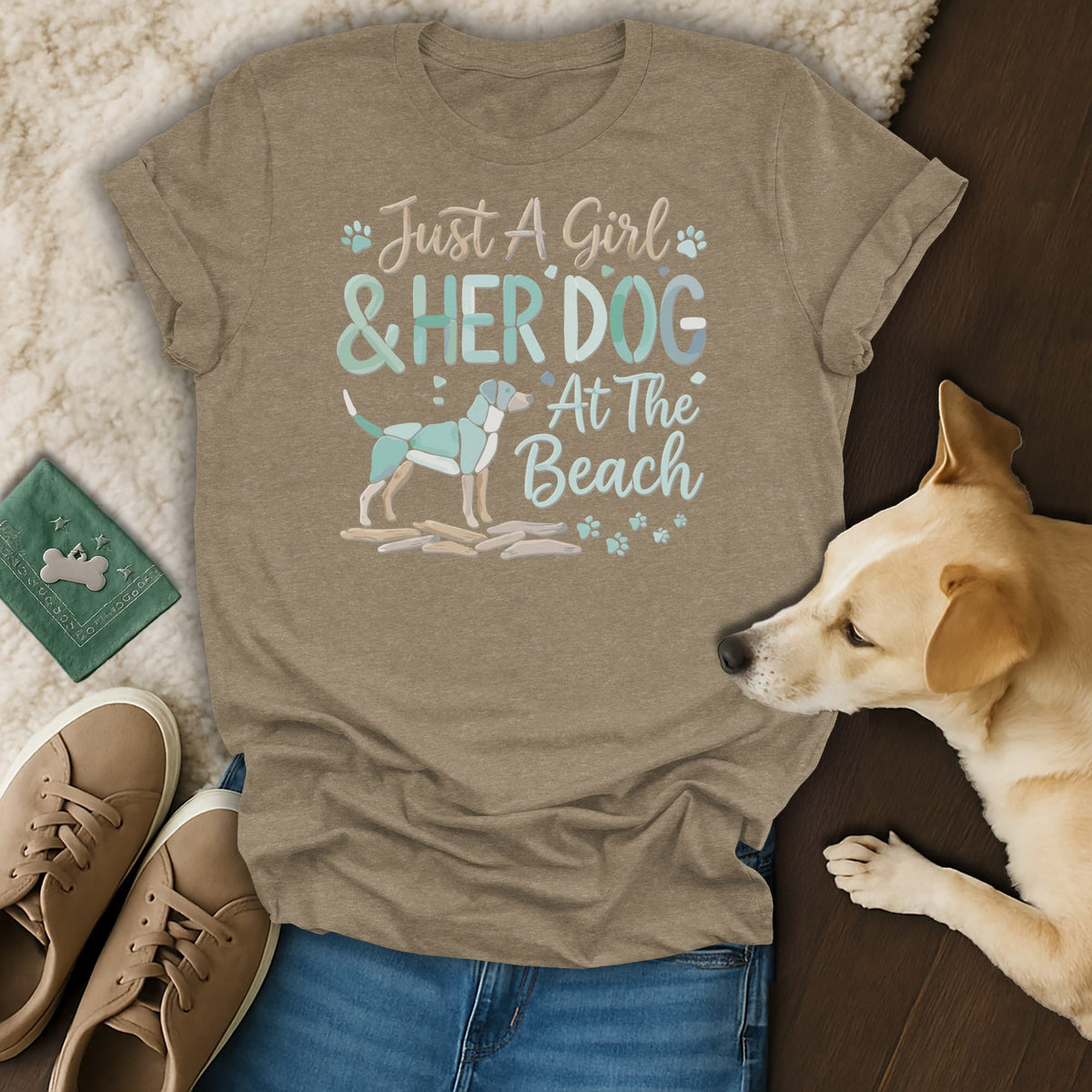 Brown t-shirt with "Just A Girl & Her Dog At The Beach" graphic and dog illustration.