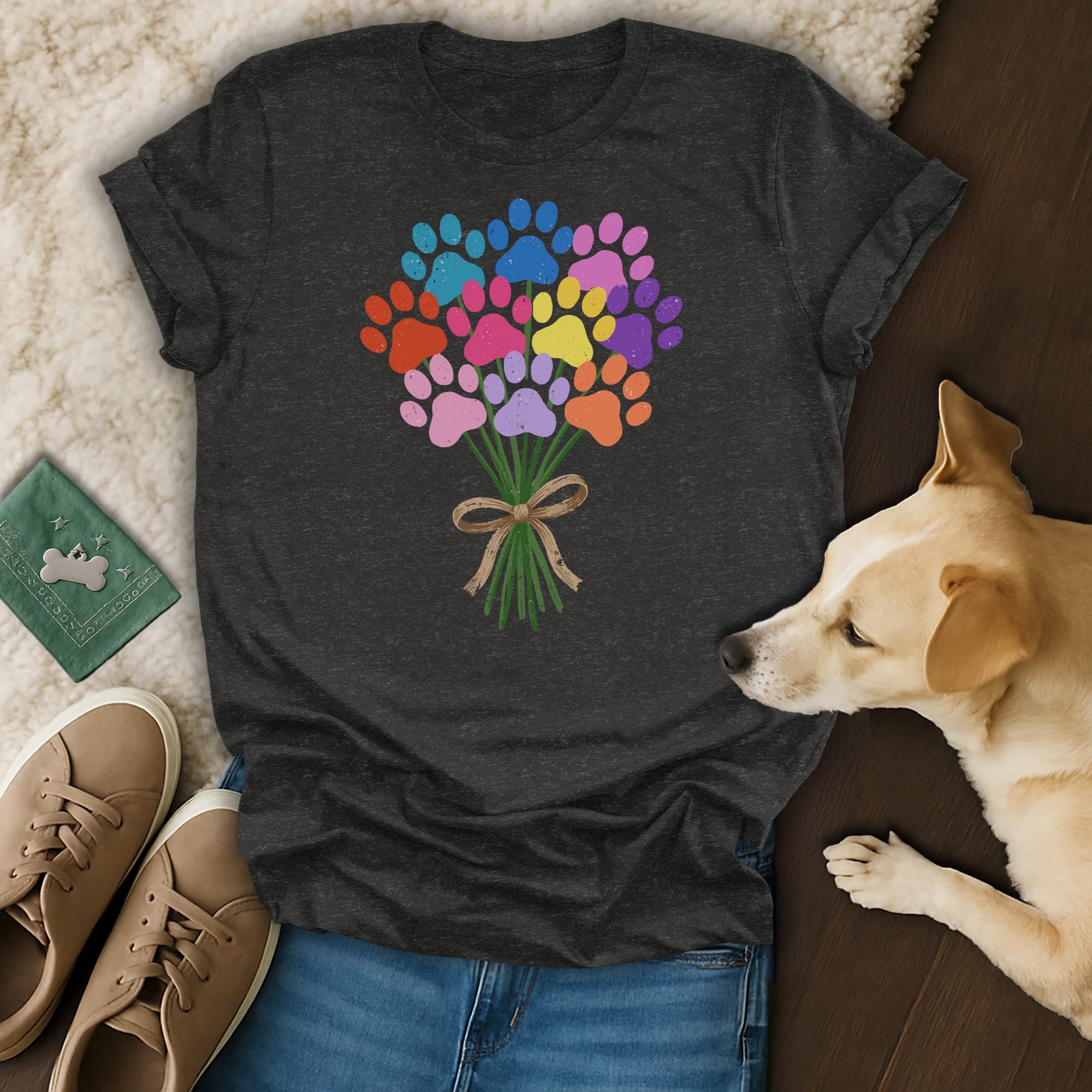Dark gray t-shirt with a bouquet of colorful paw prints tied with a bow.
