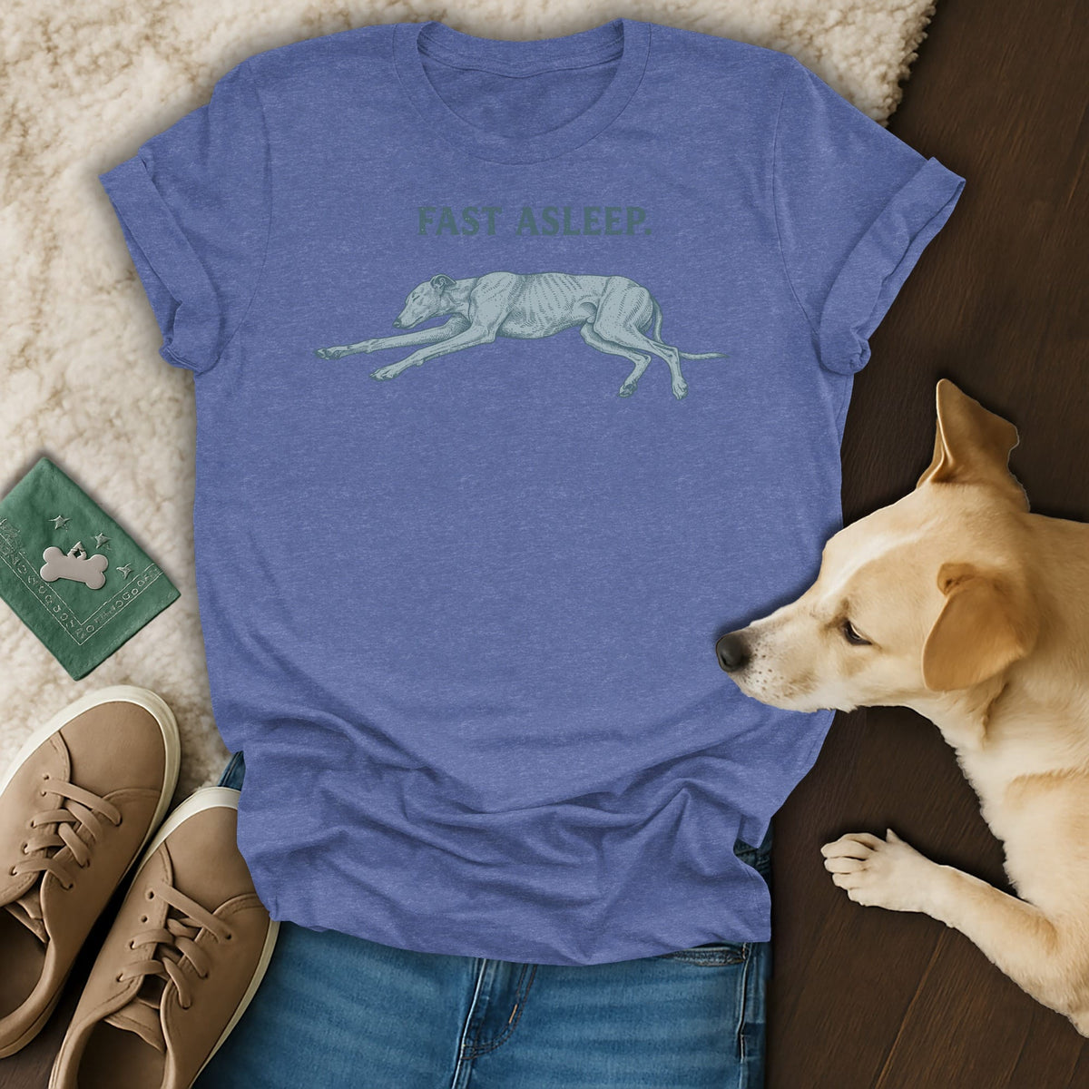 Blue t-shirt with "FAST ASLEEP" and a greyhound graphic.