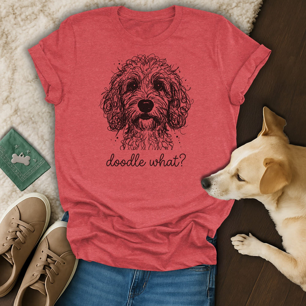 Red t-shirt with black doodle dog sketch and "doodle what?" text.